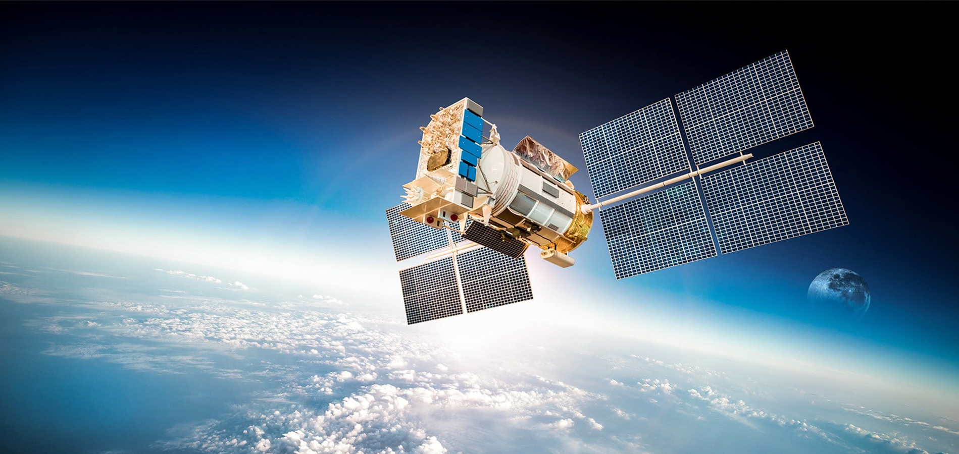 A imagem de um satélite em órbita fazendo referência a captação de dados geográficos.